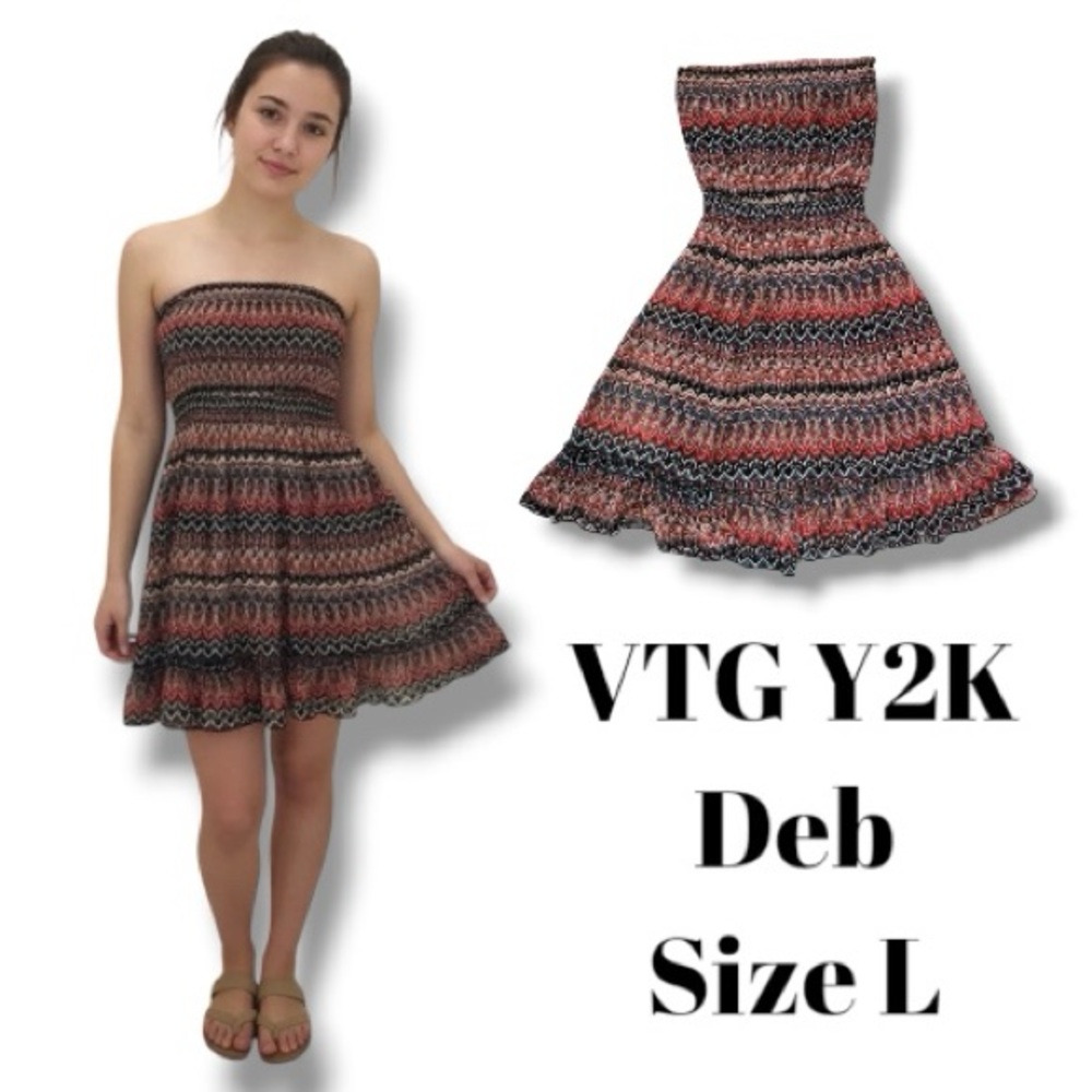 Deb Vintage 90’s Y2K Dress Red Strapless Boho Print Mini Size Large EUC 🍭